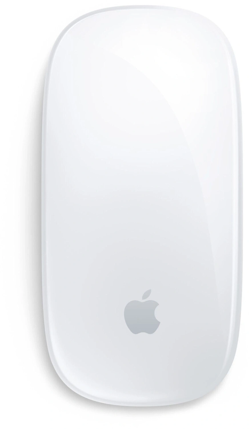 Weisse Apple Magic Mouse, glänzend, mit Apple-Logo, isoliert auf weissem Hintergrund.