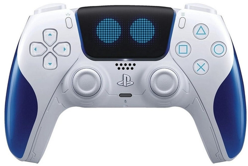 Ein weiß-blauer PlayStation 5 Controller mit leuchtenden blauen Augen auf dem Bildschirm.