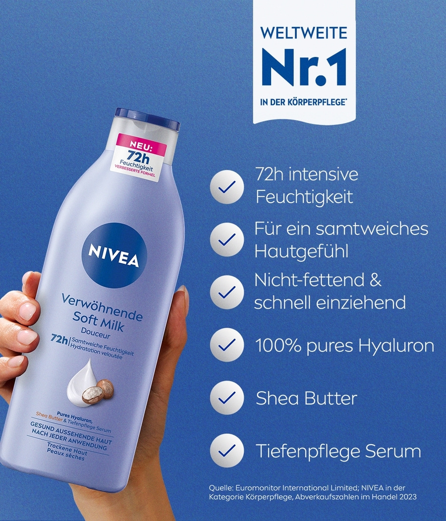Nivea Soft Milk Feuchtigkeitscreme mit Hyaluron und Shea Butter für samtweiche Haut. Intensive 72h Feuchtigkeit, nicht-fettend, zieht schnell ein. Tiefenpflege Serum für trockene Haut. Weltweite Nr.1 in der Körperpflege.