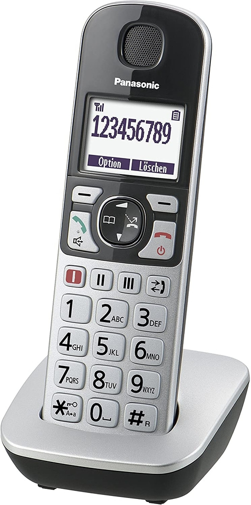 Schnurloses Telefon von Panasonic mit Ziffernblock und Display, Telefonnummer angezeigt.