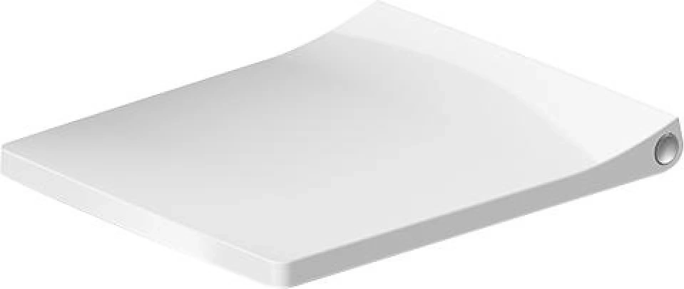 Weiße Toilettensitz-Abdeckung mit abgerundeten Kanten und einem kreisförmigen Element am rechten Ende.