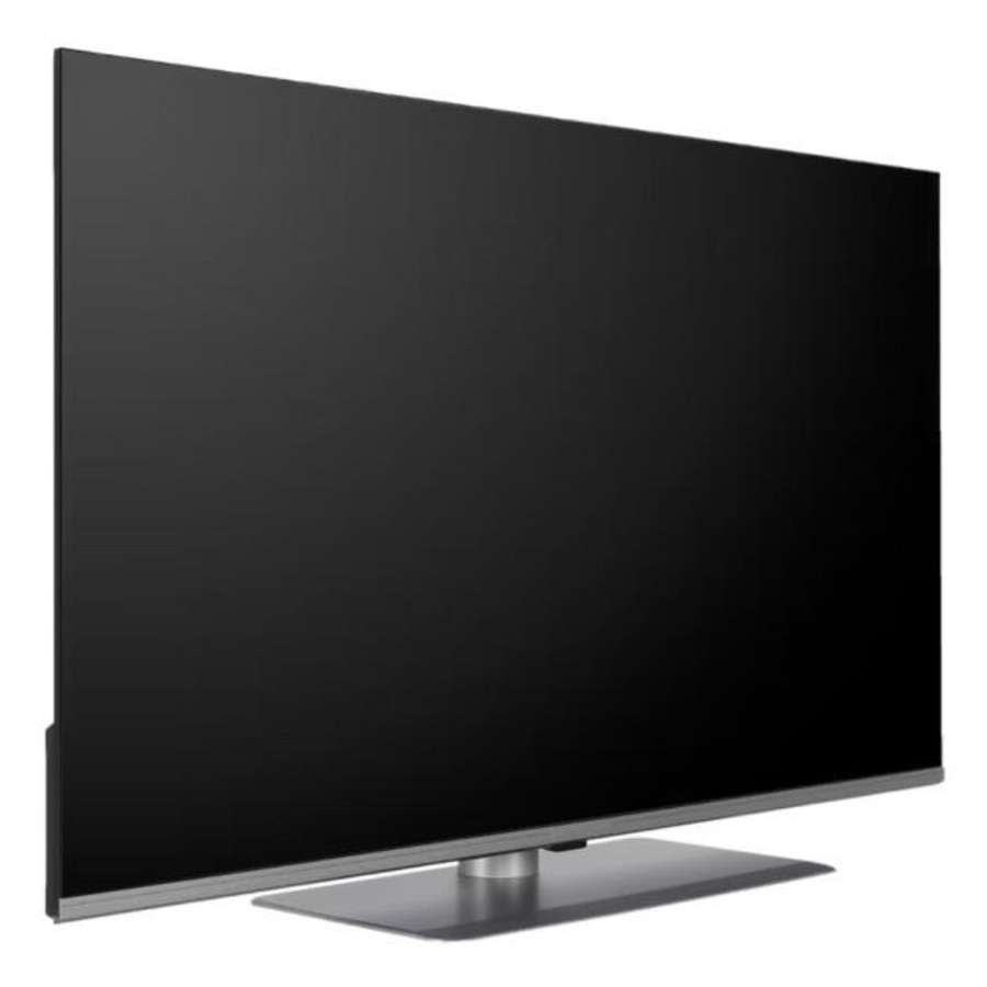 Schwarzer Fernseher mit silbernem Rahmen und Standfuß, modernes Design.