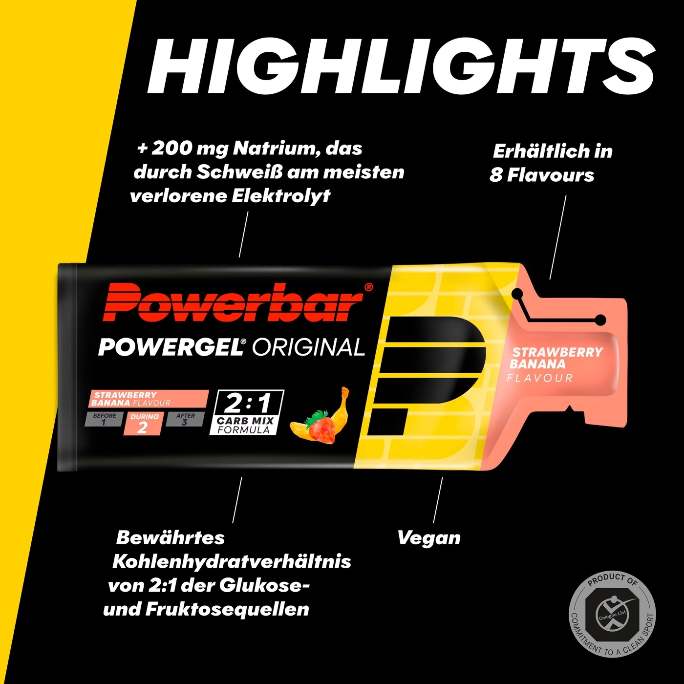 Powerbar Energiegel mit Erdbeer-Banane-Geschmack und Nährwertangaben.
