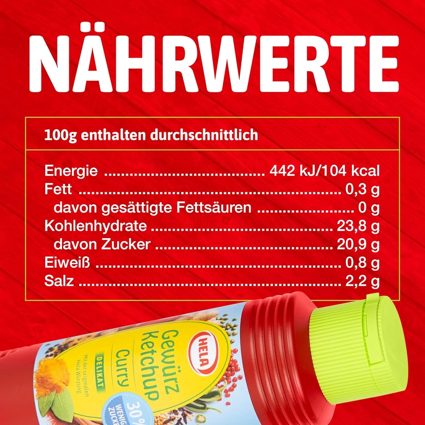 Nährwertangaben für Hela Curry Gewürzketchup auf rotem Hintergrund