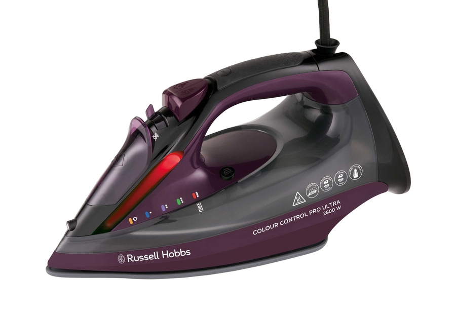 Dampfbügeleisen von Russell Hobbs, lila und schwarz, mit verschiedenen Funktionen und Einstellungen.