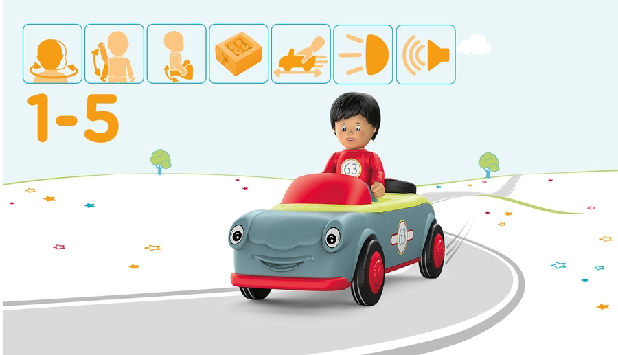 Spielzeugauto mit Fahrer, Zahlen 1-5, Illustration für Kinder, Straße, Sterne, Bäume