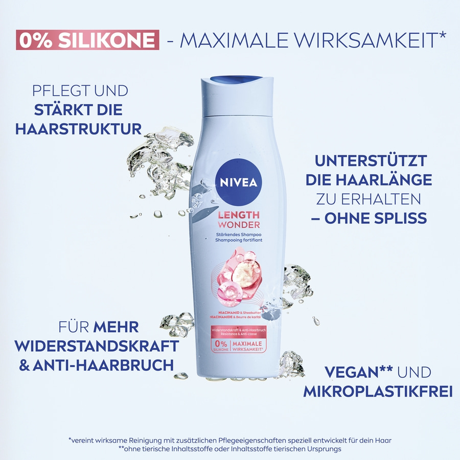 Nivea Shampoo mit Niacinamid und Sheabutter für längeres Haar ohne Spliss.