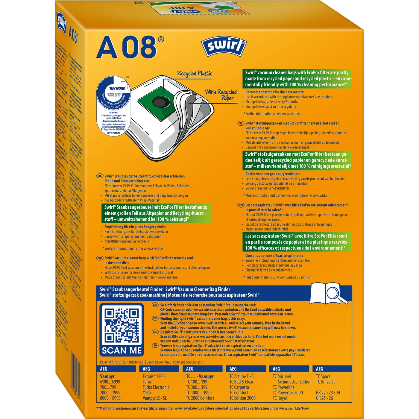 SWIRL Staubsaugerbeutel A08 EcoPor 3er Pack für AEG SE, TC Edition 2000