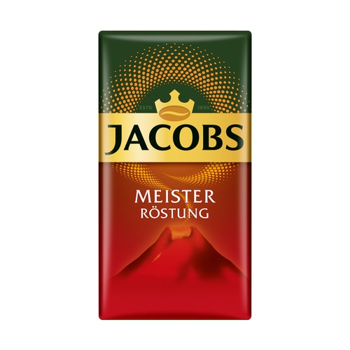 Jacobs Meister Röstung Kaffeepackung, dunkelgrün und rot, Logo, Text