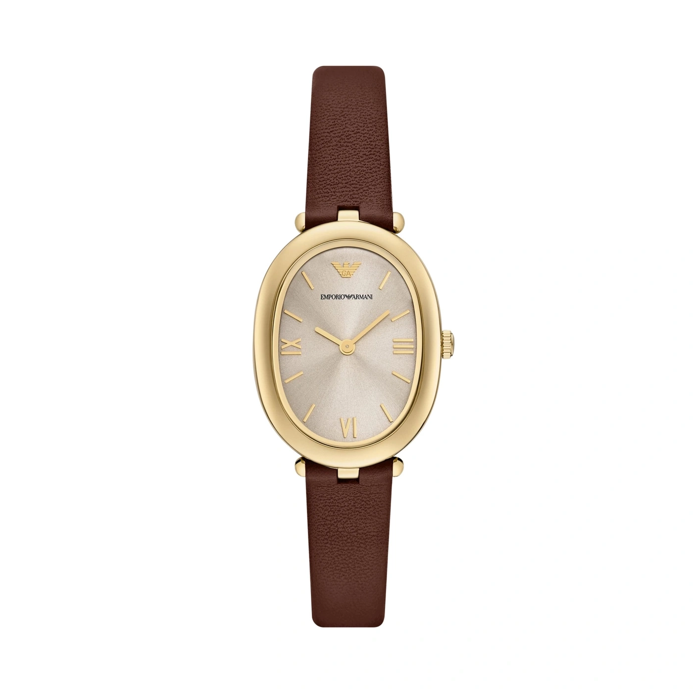 Eine goldene Damenuhr mit braunem Lederarmband von Emporio Armani.