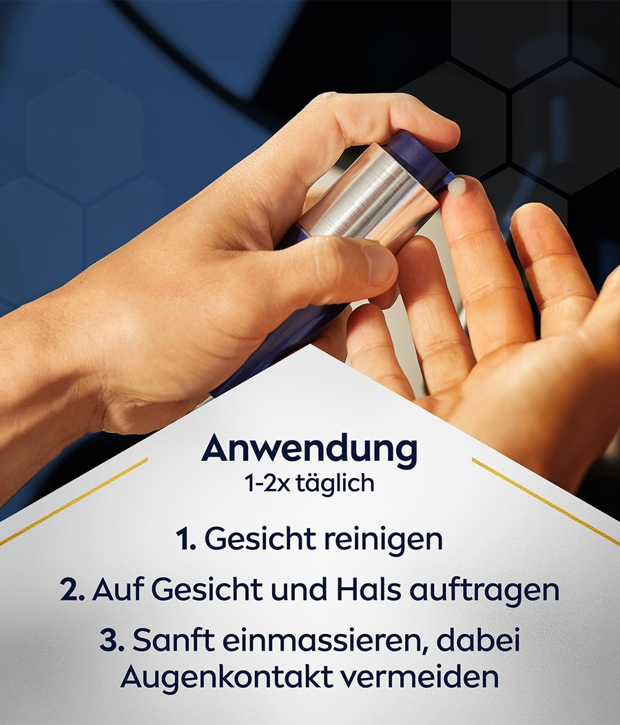 Anwendung: Gesicht reinigen, auftragen, einmassieren. Augenkontakt vermeiden. 1-2x täglich.
