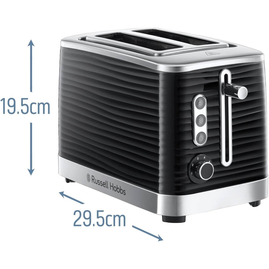 Schwarzer Toaster mit silbernen Akzenten, 19,5 cm hoch und 29,5 cm breit.