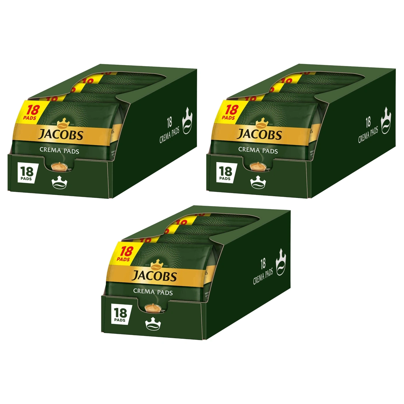 Drei Jacobs Crema Pads Packungen mit 18 Pads, grün und goldfarben, Kaffee