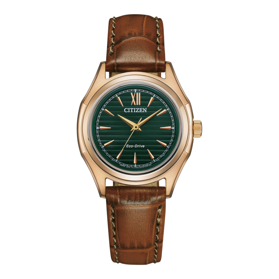 Citizen-Uhr mit grünem Zifferblatt und braunem Lederarmband, goldfarben