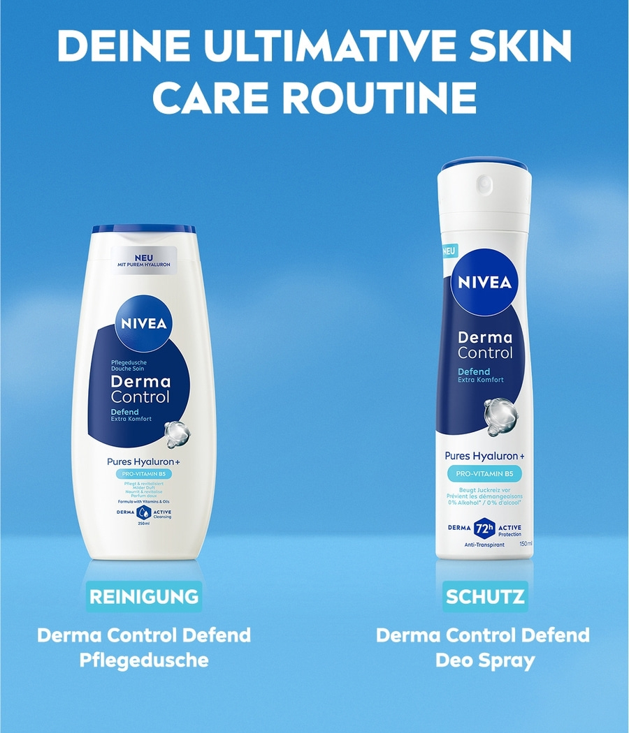 Zwei Nivea Derma Control Flaschen, eine Pflegedusche und ein Deo Spray.