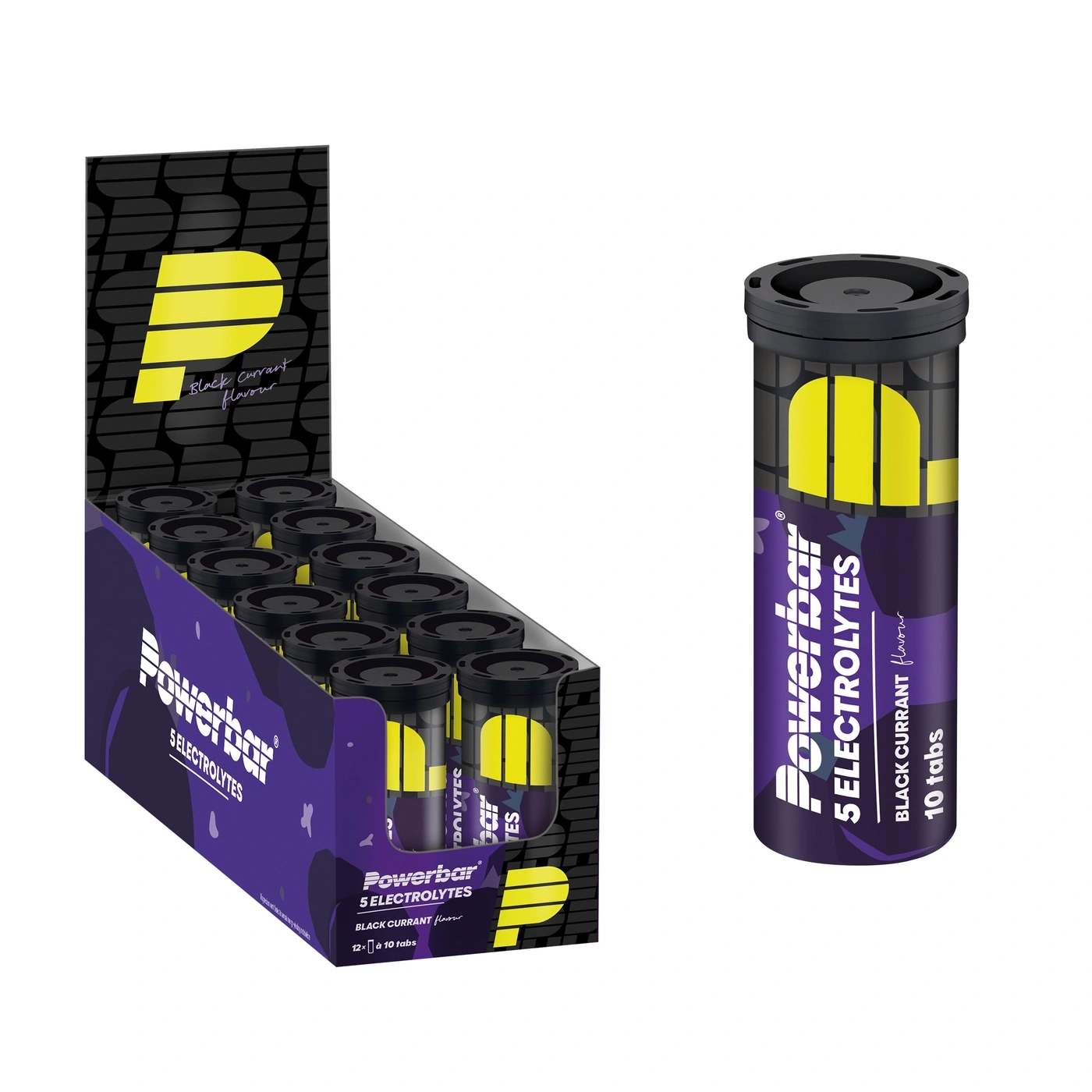 Powerbar Black Currant Elektrolyt-Tabletten im Spender und Karton.