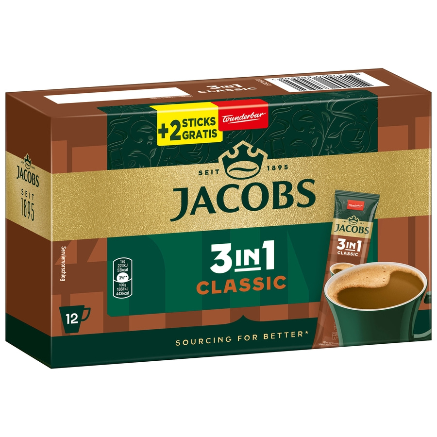 JACOBS Löskaffee 3in1 Classic 12x 10+2 Sticks löslicher Kaffee Instantkaffee