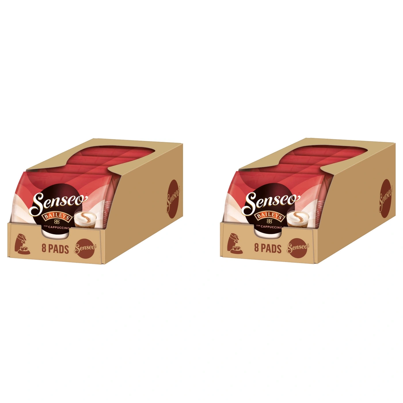 Zwei Senseo-Kaffeepads-Boxen mit Baileys Cappuccino, 8 Pads pro Box.