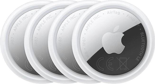Apple AirTags in einer Gruppenansicht mit weißen Rändern.