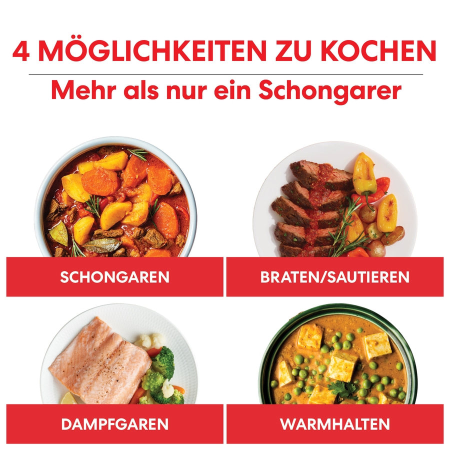 Kochmöglichkeiten: Schongaren, Braten, Dampfgaren, Warmhalten. Mehr als nur ein Schongarer.