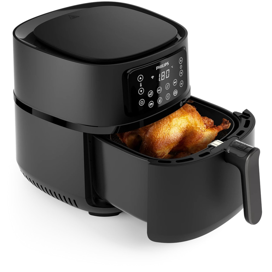 Schwarze Philips Airfryer mit Hähnchen, digitale Anzeige, offene Schublade, Küche