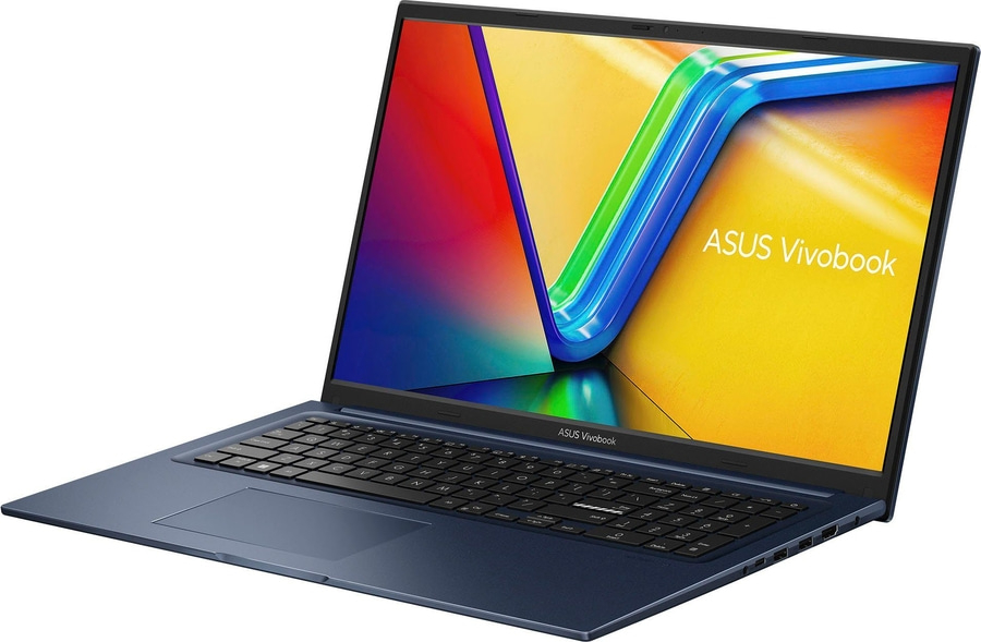 Blauer Laptop mit ASUS Vivobook-Logo auf dem Bildschirm und der Tastatur.