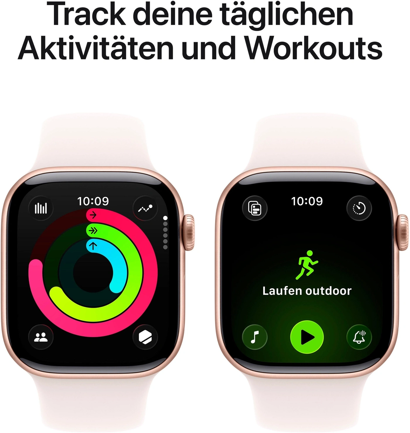 Eine Apple Watch zeigt Aktivitätstracker und Laufen im Freien an.