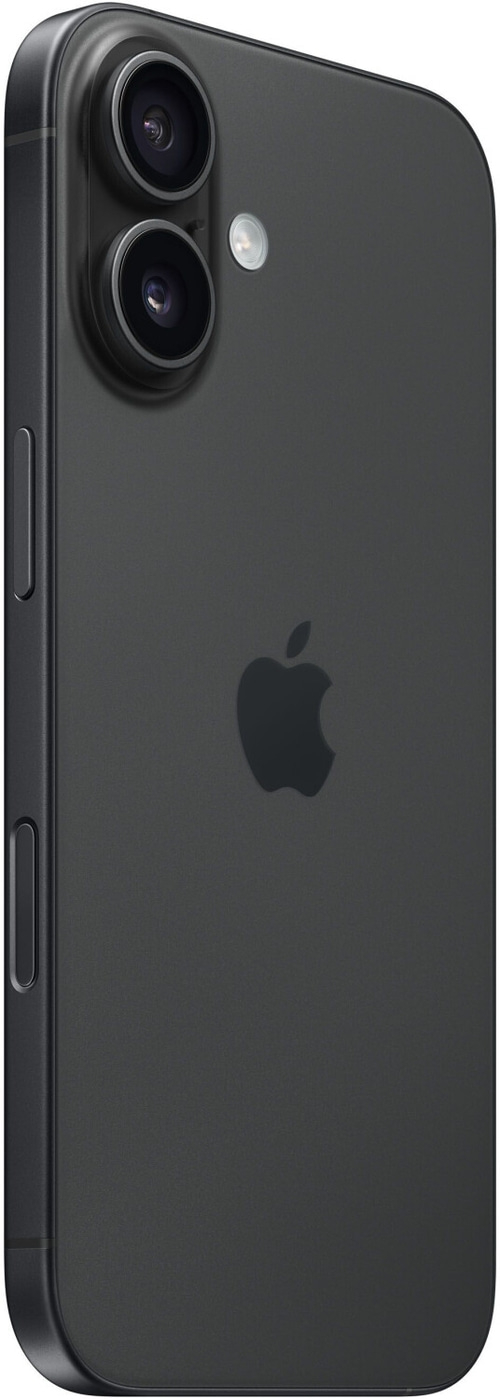 Schwarzes iPhone mit zwei Kameras und Apple-Logo auf der Rückseite. Modernes Smartphone.