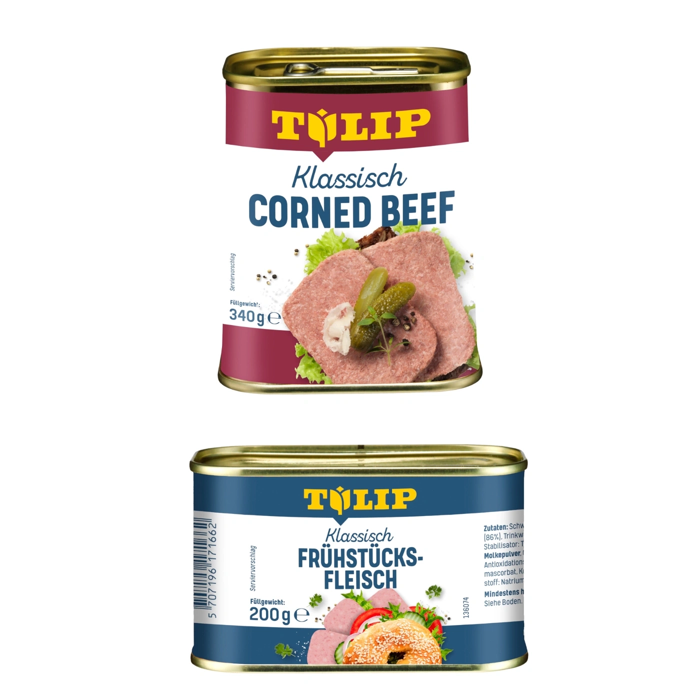 Zwei Dosen Tulip Corned Beef und Frühstücksfleisch, vorderseite und rückseite