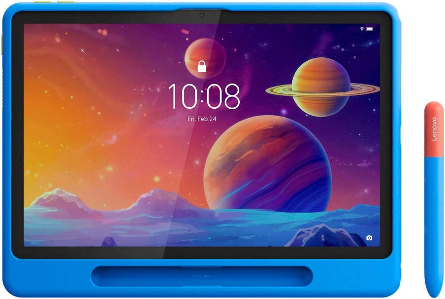 Ein blaues Lenovo-Tablet mit einem Stift daneben, das einen Planetenhintergrund zeigt.