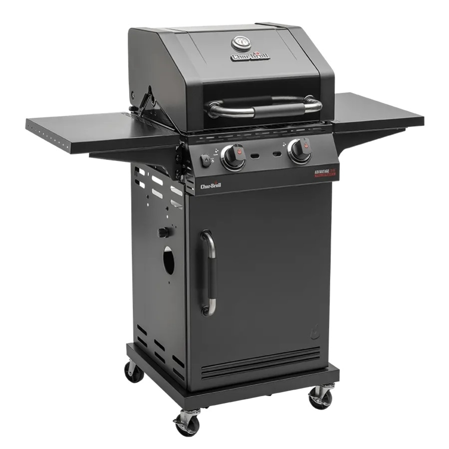 Schwarzer Gasgrill mit zwei Brennern und Seitenablagen auf Rollen
