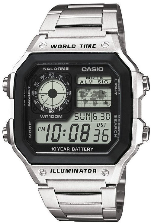 Casio Uhr mit digitaler Anzeige, Weltzeit, 10-Jahres-Batterie, Beleuchtung, 5 Alarme