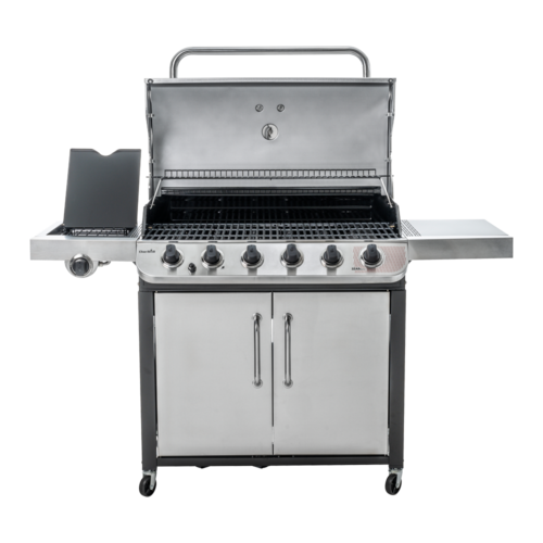 Edelstahl-Gasgrill mit geöffnetem Deckel und Seitenablagen, Kochfeld