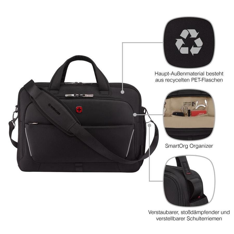 Wenger Aktentasche, recyceltes PET, SmartOrg Organizer, verstellbarer Schulterriemen