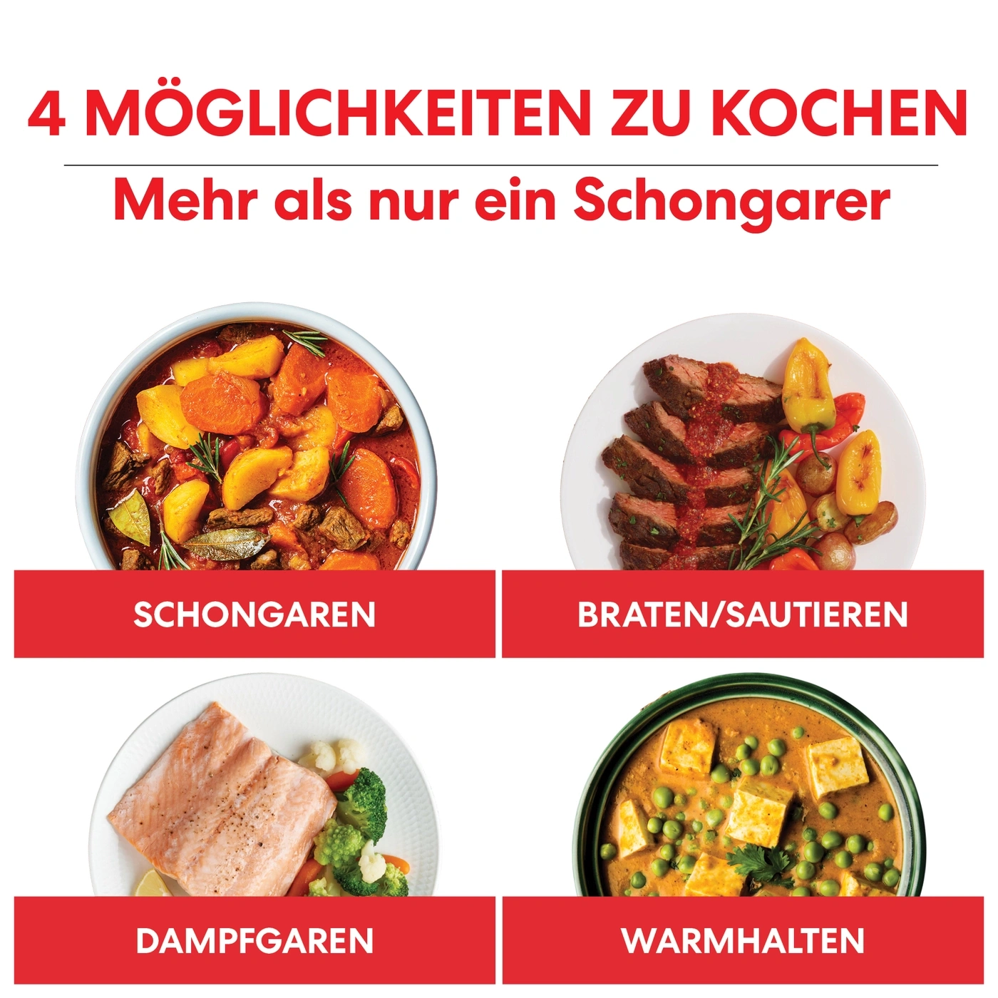 Vier Kochmöglichkeiten: Schongaren, Braten/Sautieren, Dampfgaren, Warmhalten.