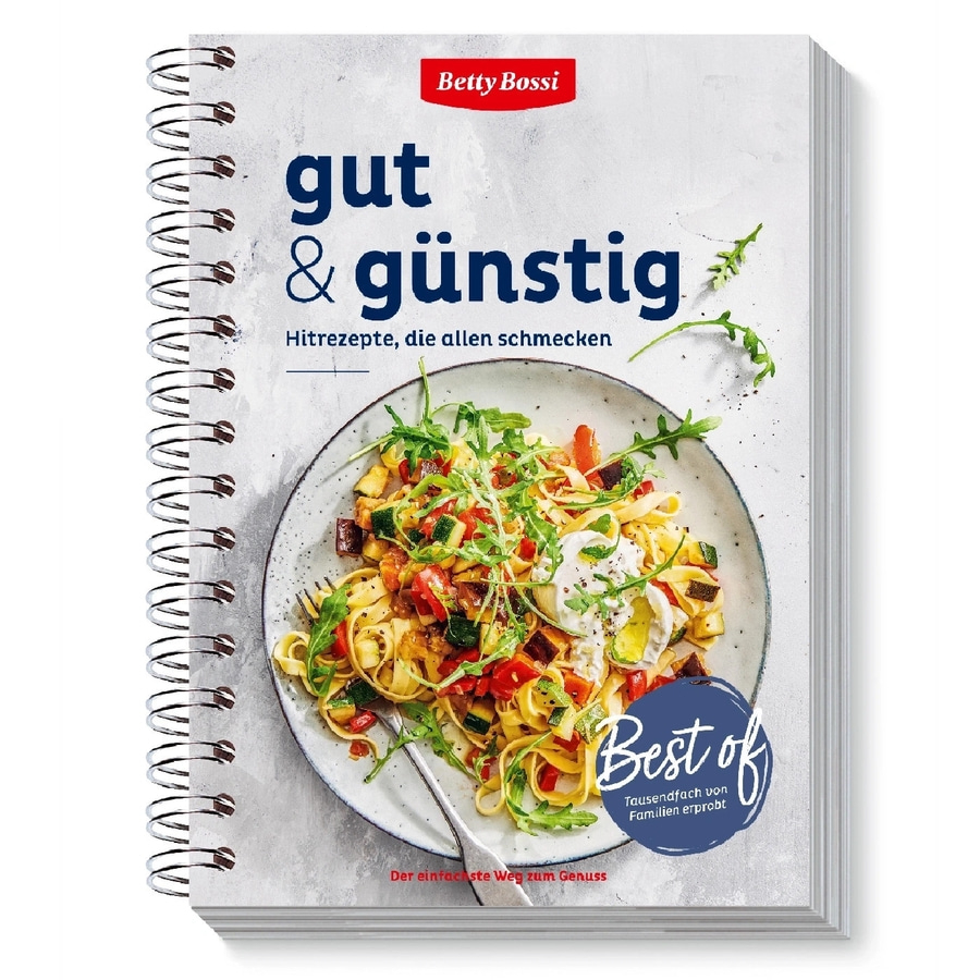 Kochbuch von Betty Bossi mit dem Titel 'gut & günstig' und einem Gericht auf dem Cover.
