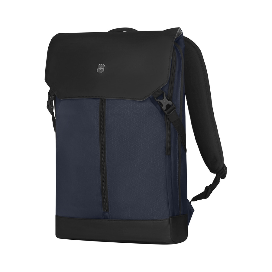 Blauer Rucksack mit schwarzem Deckel und Schultergurten, Logo