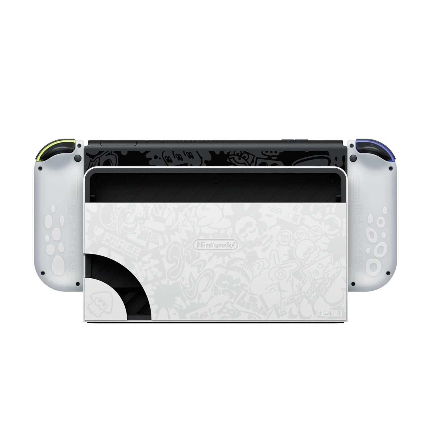 Nintendo Switch im Splatoon-Design mit einzigartigem Dock und Joy-Cons.