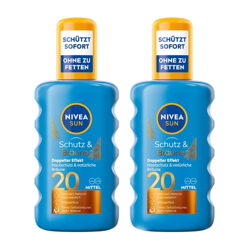 Zwei blaue Nivea Sun Sonnencreme-Flaschen mit Schutz & Bräune-Aufschrift und Lichtschutzfaktor 20.