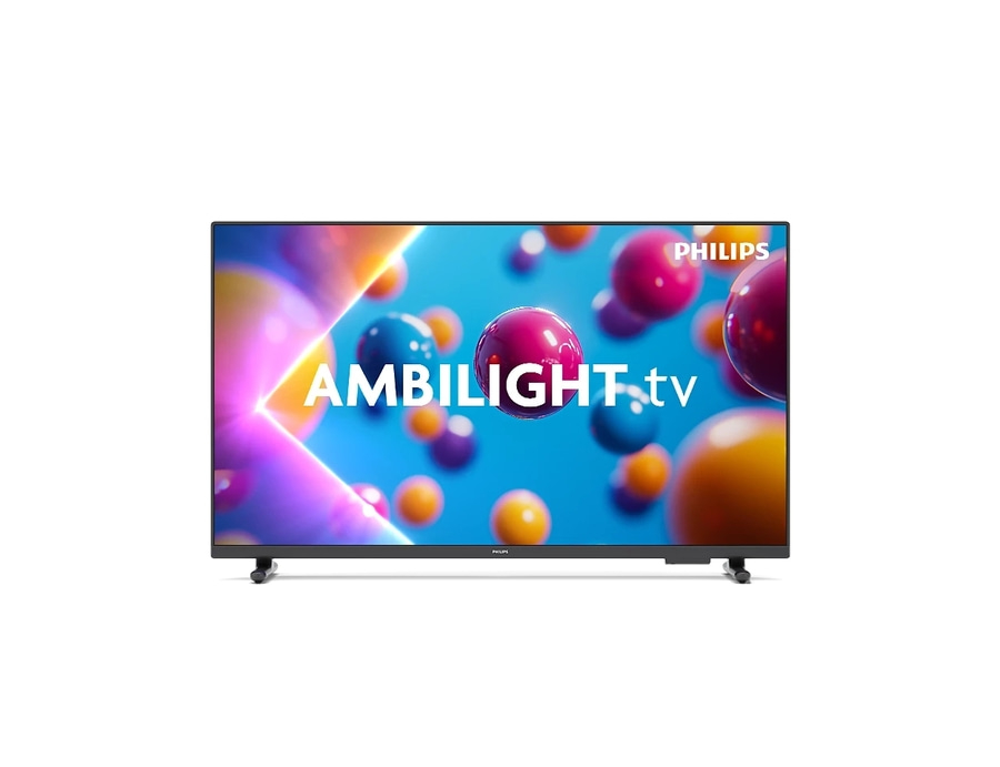 Ein Philips Fernseher mit Ambilight.tv und bunten Kugeln auf dem Bildschirm.