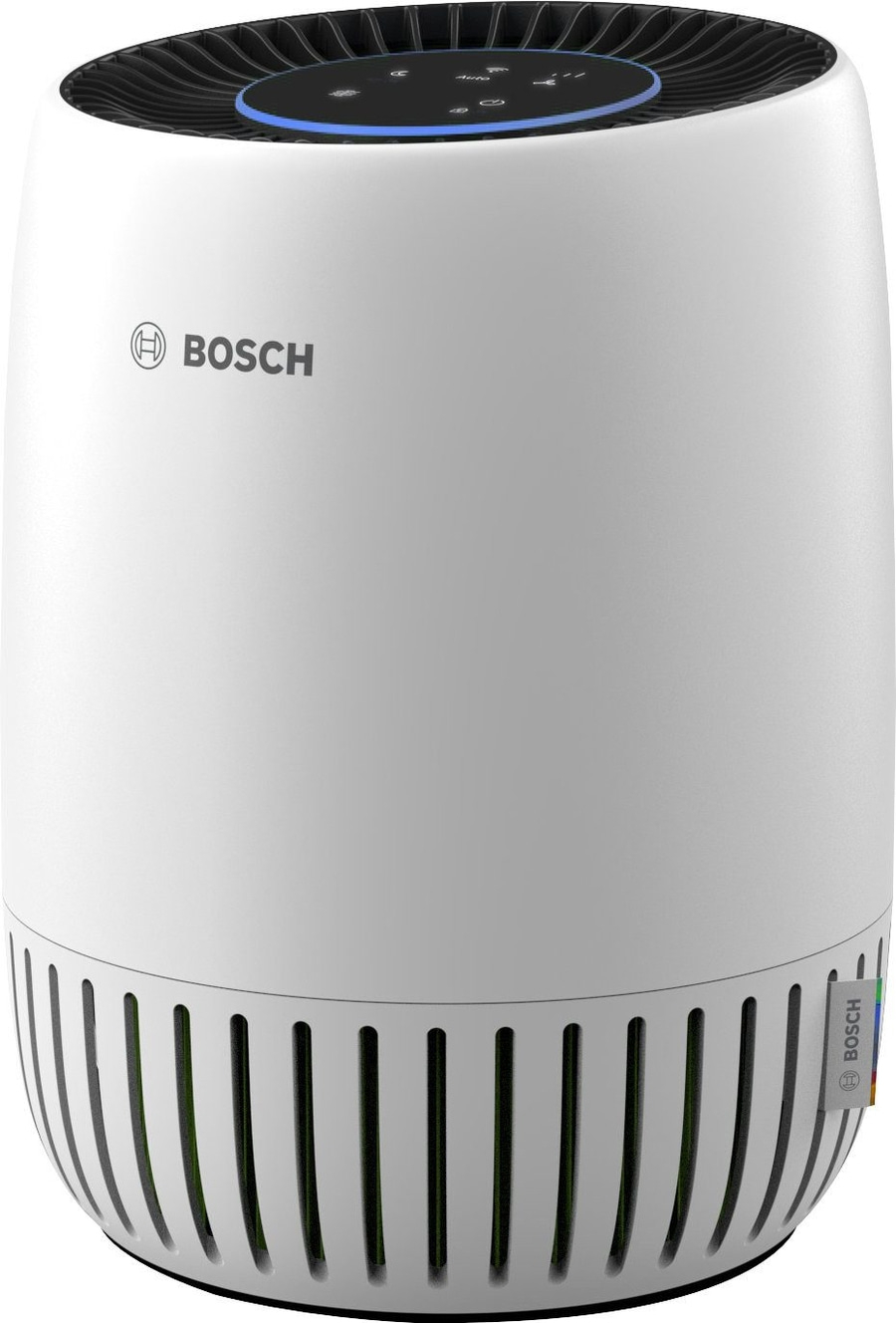Ein weißer Bosch Luftreiniger mit schwarzem Lüftungsgitter und blauen Lichtern.
