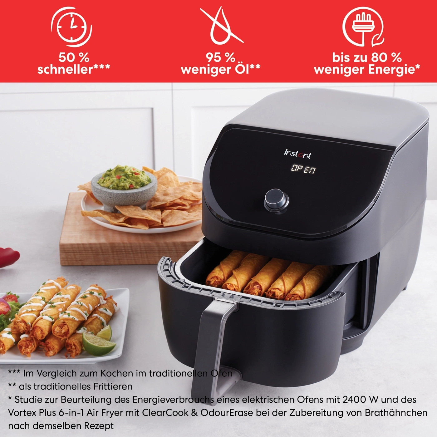 Instant Air Fryer mit Essen, 50% schneller, 95% weniger Öl, bis zu 80% weniger Energie