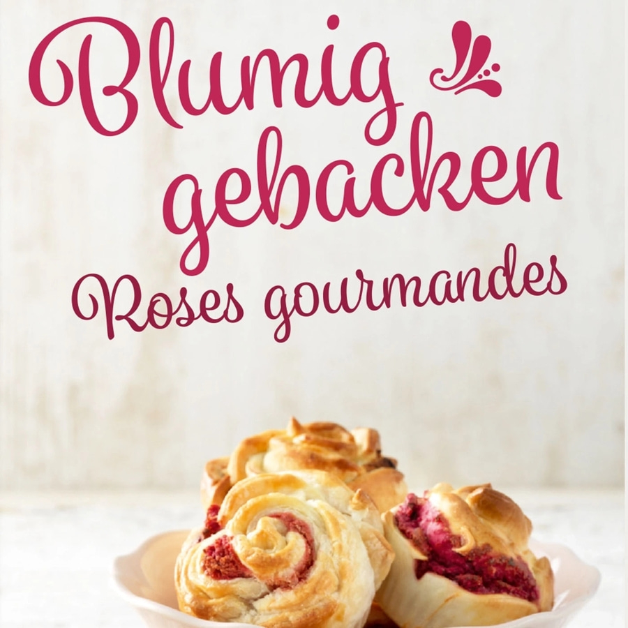 Blumig gebacken, Roses gourmandes, Gebäck in einer Schale, Nahaufnahme