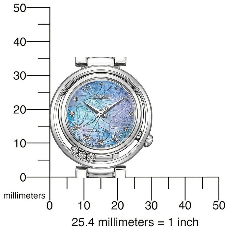 Uhr mit Messskala. Citizen Eco-Drive. Blaue Zifferblatt. Millimeter- und Zoll-Skala.