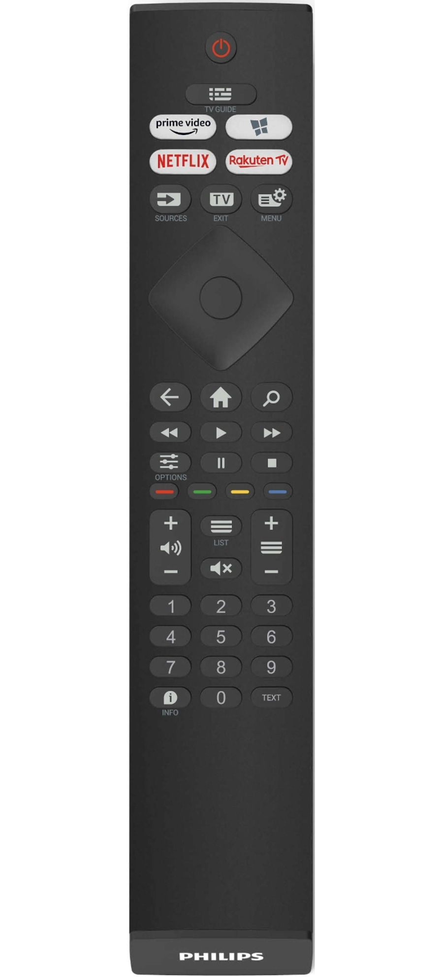 Fernbedienung von Philips mit Prime Video, Netflix und Rakuten TV-Tasten.