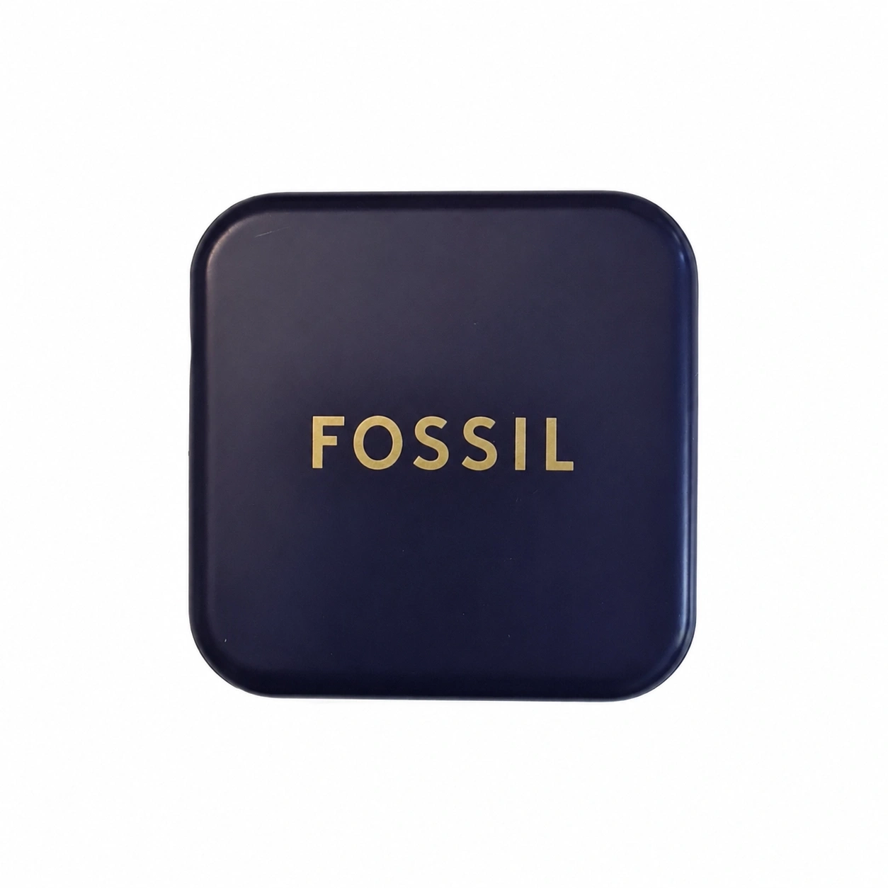 Dunkelblaues Fossil-Etui mit goldener Aufschrift auf weißem Hintergrund