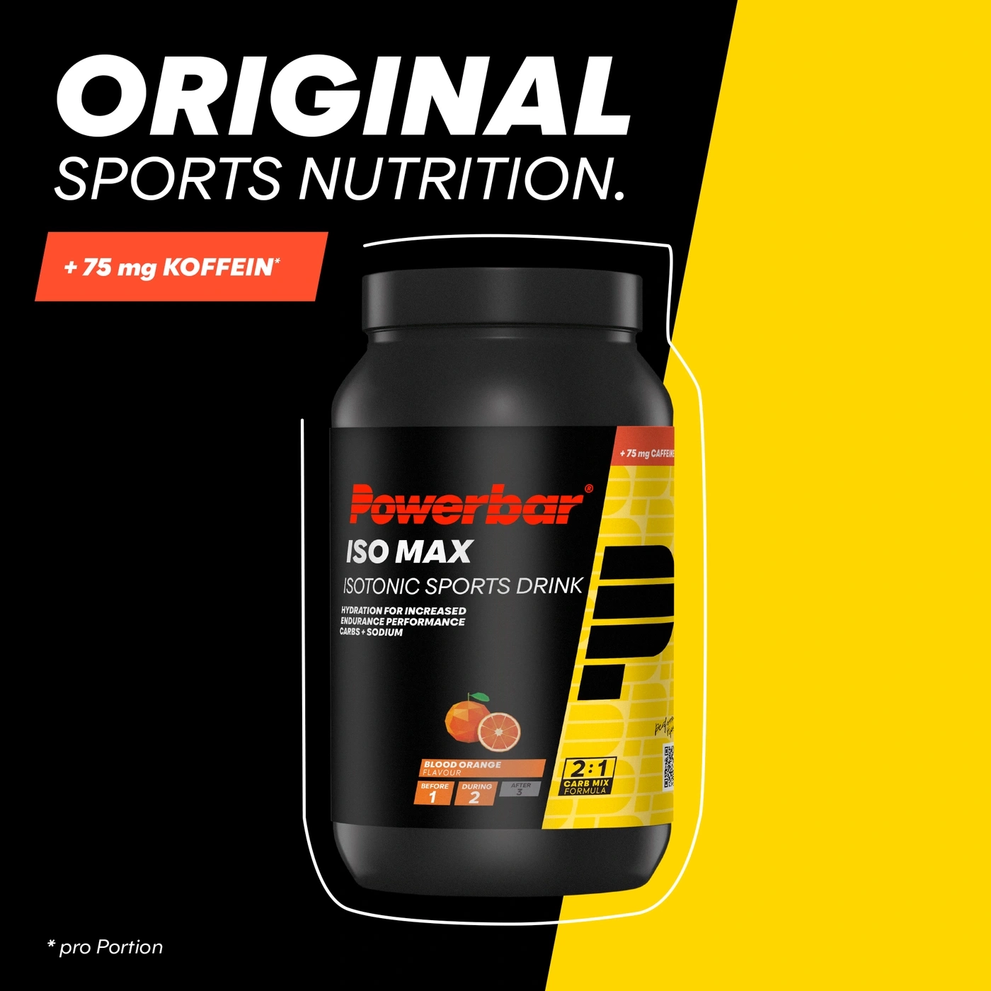 Powerbar ISO MAX Isotonic Sports Drink Blood Orange flavour with 75 mg caffeine