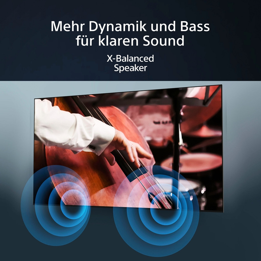 Werbung für einen Fernseher mit Bass und klarem Sound, X-Balanced Speaker.