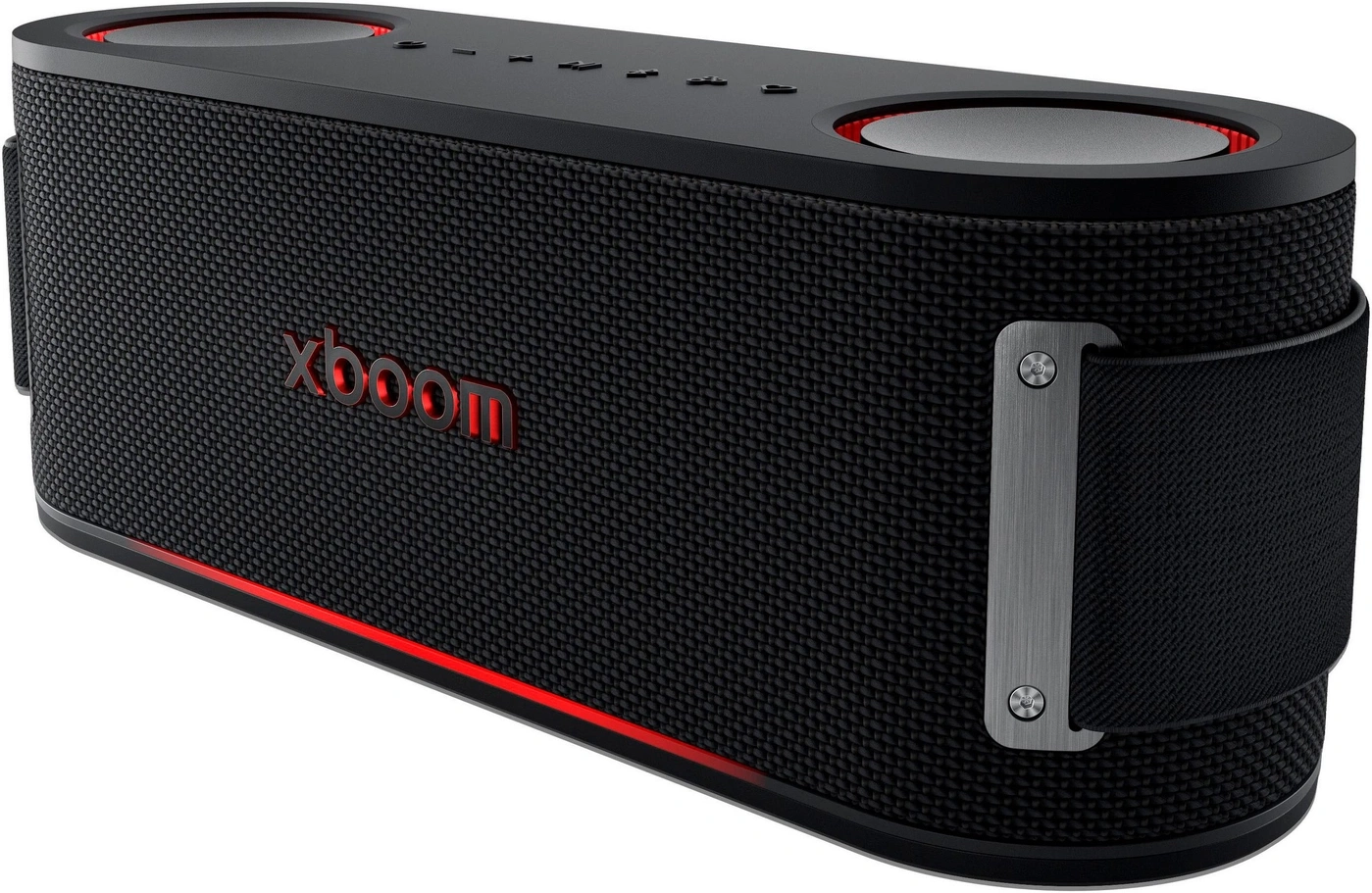 Schwarzer Bluetooth-Lautsprecher mit rotem Logo und Lichtern