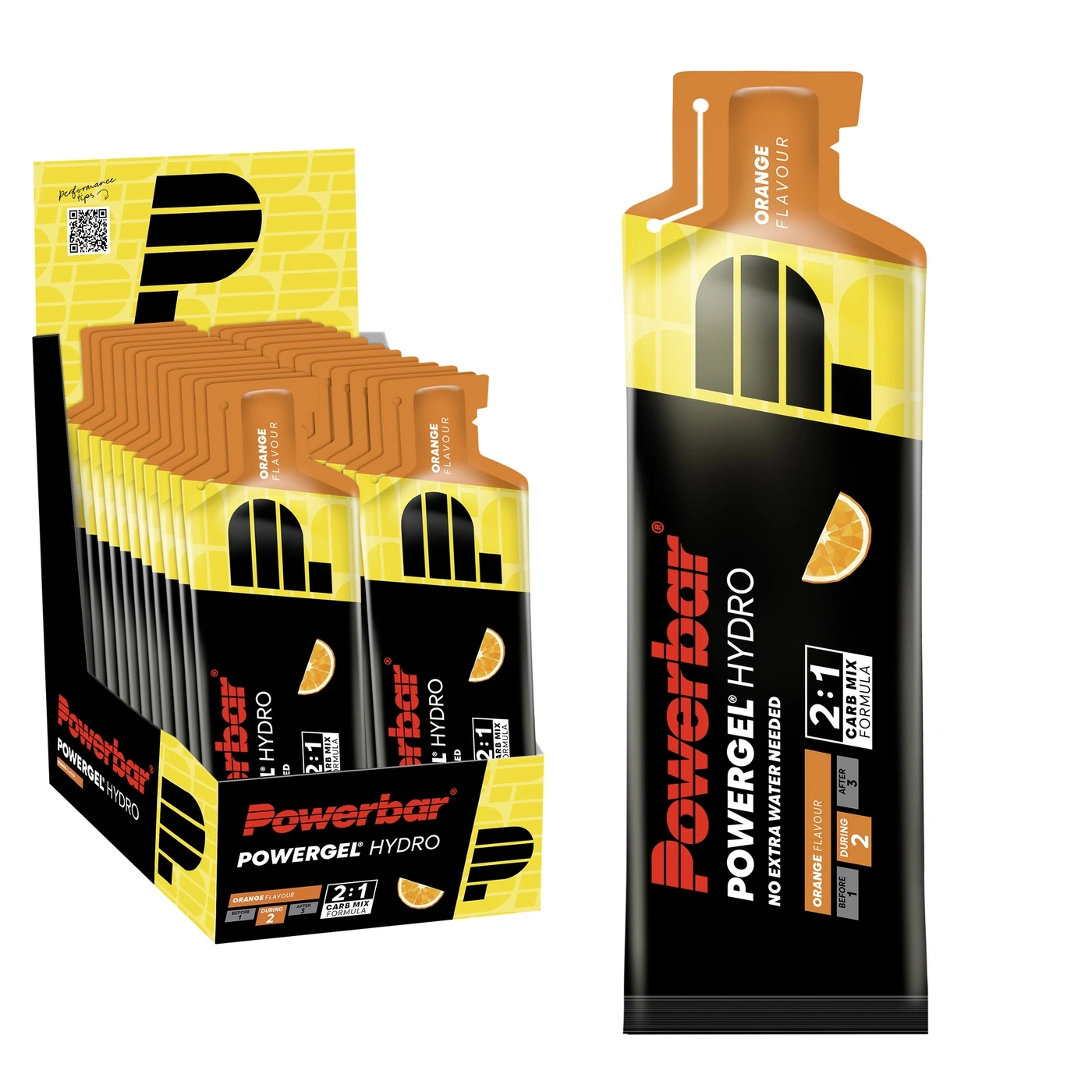 Eine Schachtel mit Powerbar Hydro Gels, einzeln verpackt in Orange.
